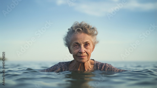 happy active senior woman swimming in lake or river water, healthy lifestyle concept, generative AI © goami
