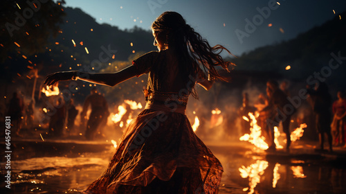 Witches dance a ritual dance with fire