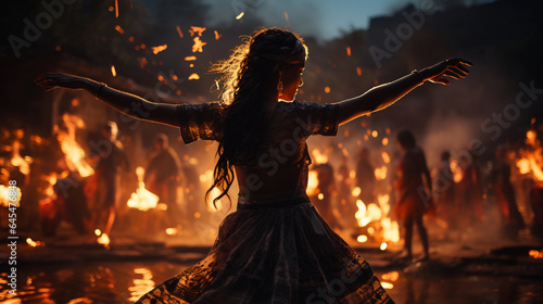 Witches dance a ritual dance with fire at night 