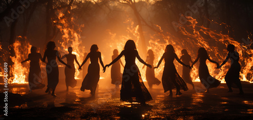Witches dance a ritual dance with fire at night 