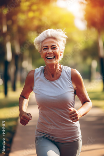 happy senior woman running in park, retired old female jogging at nature, generative AI © goami