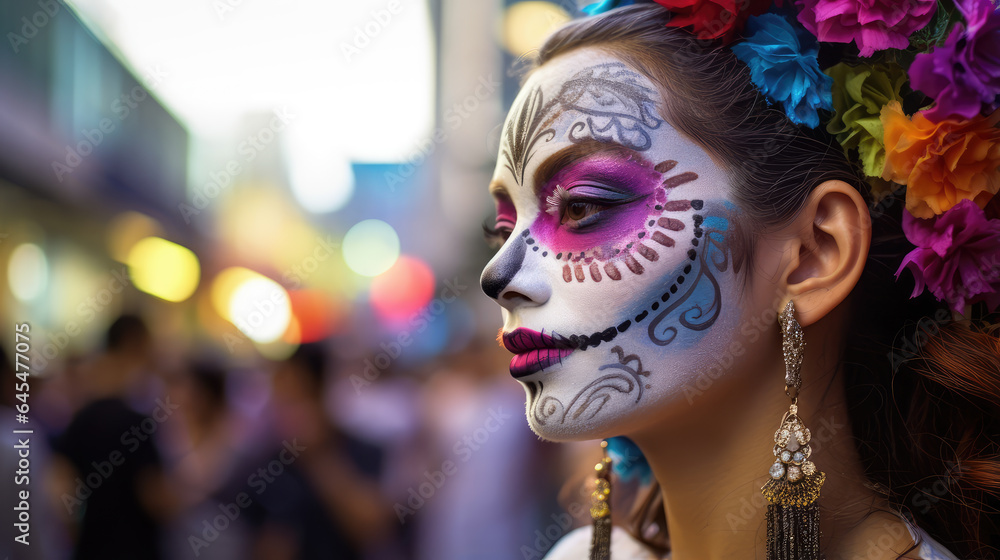 Beautiful woman with Mexican skulls makeup on her face and dressed for Day of the Dead in Mexico. Beautiful woman with Mexican skulls makeup on her face and dressed for Day of the Dead in Mexico.