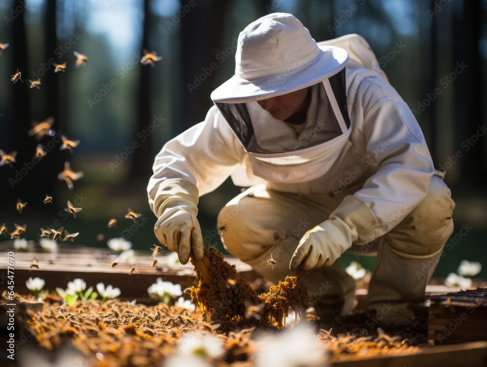 A beekeeper inspecting the first hive of the season A beekeeper inspecting the first hive of the season