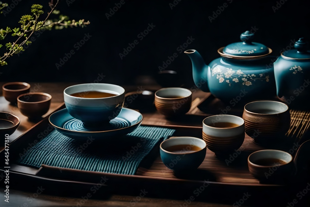an image of an elegant tea ceremony with a porcelain teapot, delicate teacups, and a traditional Japanese tea set - AI-generative