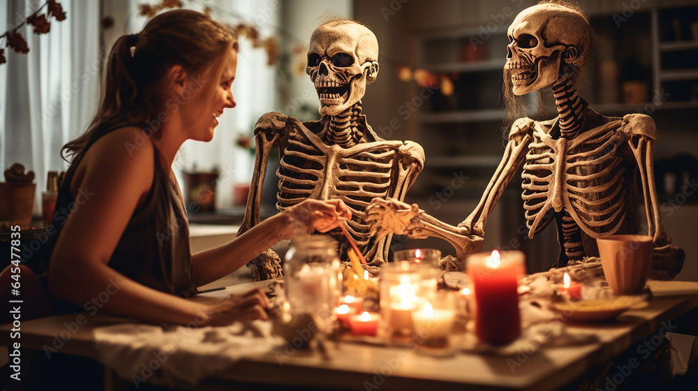 woman celebrating halloween together with two skelleton. sitting at dinner table and having fun. - obrazy, fototapety, plakaty 