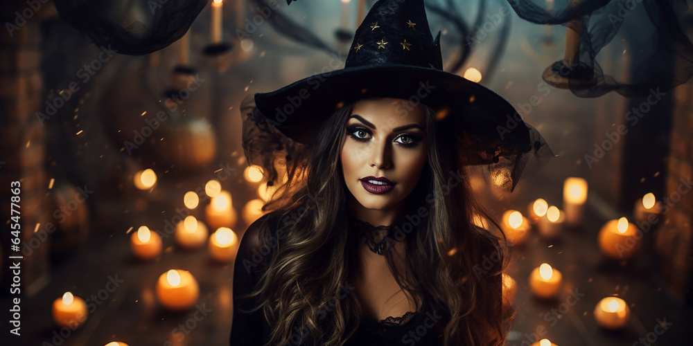 Fototapeta premium portrait of a witch with big black hat in a halloween night.