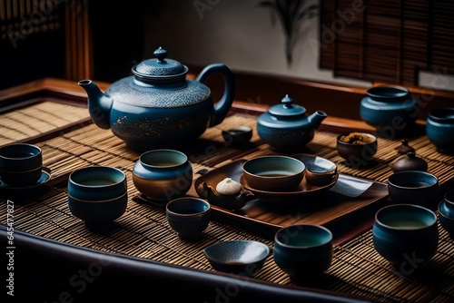 an image of an elegant tea ceremony with a porcelain teapot, delicate teacups, and a traditional Japanese tea set - AI-generative