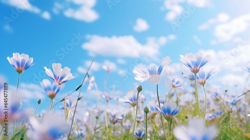 A colorful field of flowers under a vibrant blue sky