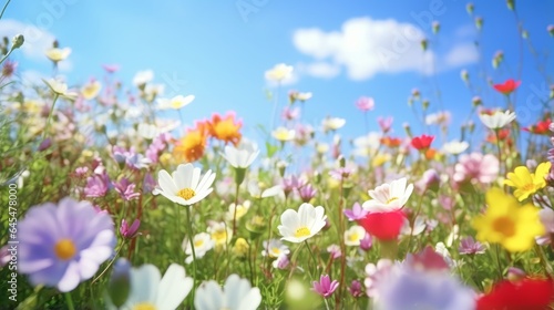 A vibrant field of flowers under a clear blue sky