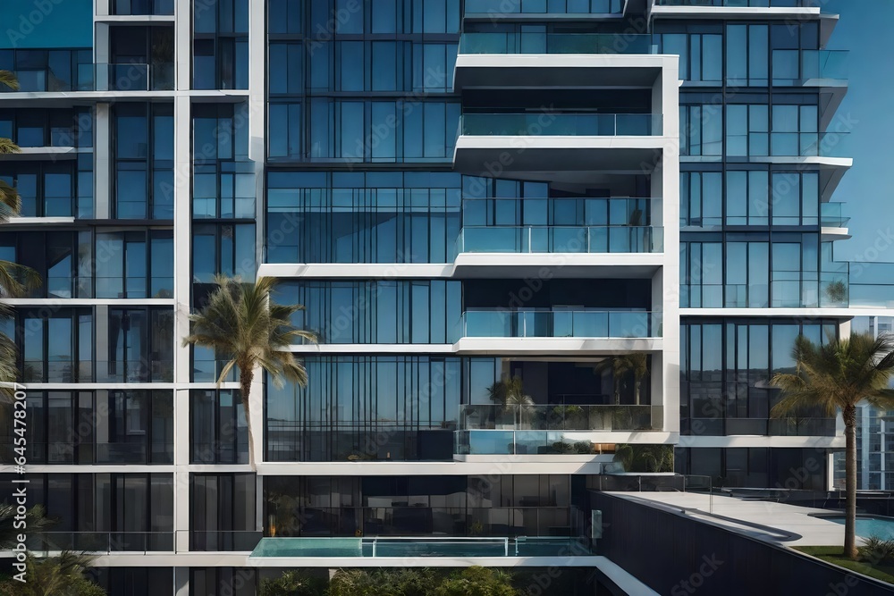 The contemporary elegance of a condominium's exterior, with a blend of glass and steel or coastal architectural elements The contemporary elegance of a condominium's exterior, with a blend of glass and steel or coastal architectural elements