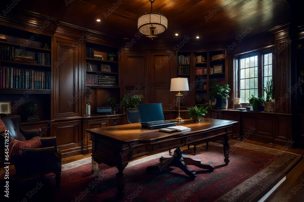 The comfort and coziness of a suburban home's study, with rich wood paneling and a traditional desk