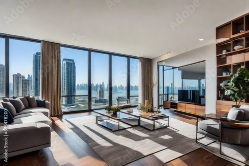 A spacious living room in a condominium, featuring sophisticated design and stunning city or waterfront views © Fahad