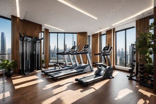 A condominium's private fitness center, equipped with state-of-the-art exercise machines and large windows for natural light