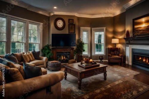 The cozy ambiance of a suburban home's family room, with plush furnishings and a fireplace