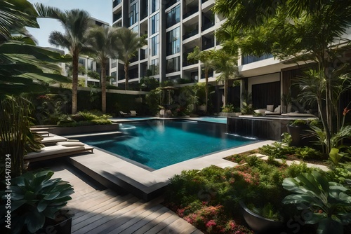 A condominium's tranquil garden retreat, featuring lush landscaping and a peaceful water feature © Fahad