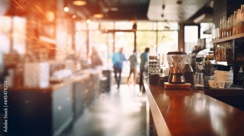 A busy coffee shop counter with blurred background