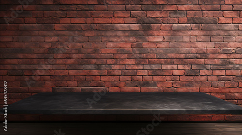 red brick wall with empty black table for product placement, mock up