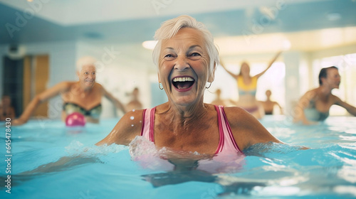 copy space, candid camera, Active senior people enjoying aqua fit class in a pool, displaying joy and camaraderie, embodying a healthy, retired lifestyle. Active and healthy elderly people, senior enj photo