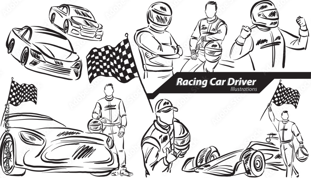 racing car 2 driver career profession work doodle design drawing vector illustration