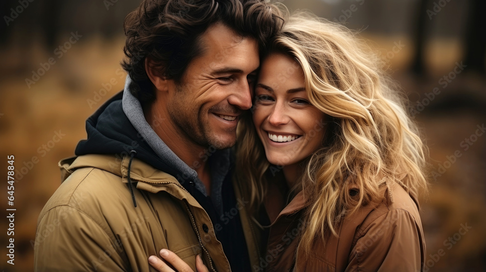 Young couple on a camping holiday. They are happy and smiling. Generative AI Young couple on a camping holiday. They are happy and smiling. Generative AI