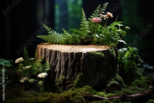 A large tree stump in a green forest, illuminated against a blurry dark forest background. Background for advertising ecological natural organic products photo