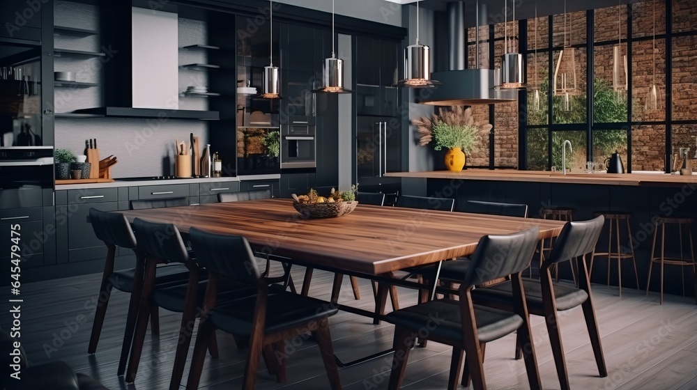 A cozy kitchen with a rustic wooden table and inviting chairs A cozy kitchen with a rustic wooden table and inviting chairs