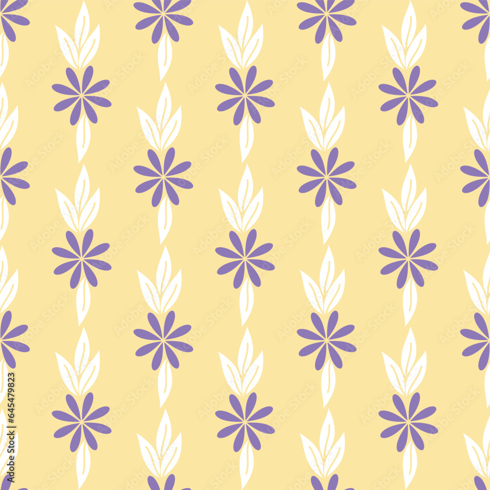 seamless repeat pattern with simple purple floral motifs with white leaves running vertical stripes, on a pastel yellow background perfect for fabric, scrap booking, wallpaper, gift wrap projects seamless repeat pattern with simple purple floral motifs with white leaves running vertical stripes, on a pastel yellow background perfect for fabric, scrap booking, wallpaper, gift wrap projects