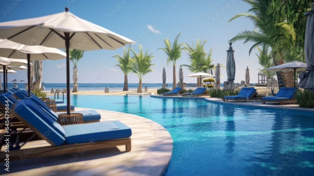 A luxurious swimming pool with comfortable lounge chairs and colorful umbrellas