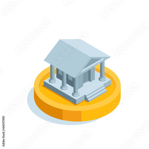 isometric bank on gold coin in color on white background, financial institution or bank building in old style