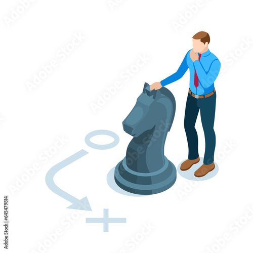 isometric man in a thoughtful pose with chess horse in color on white background, business strategy or plan