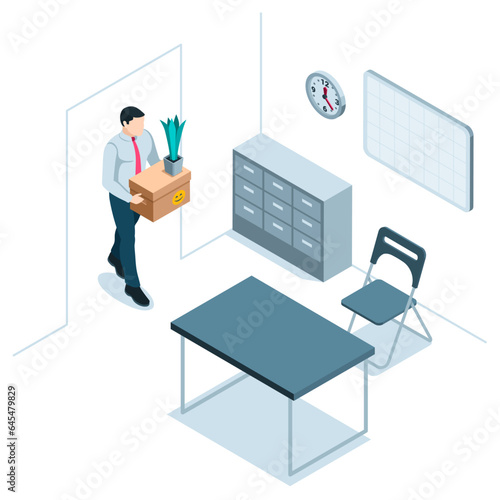 an isometric man with a box for personal belongings enters the office workroom in color on a white background, moving to a new place of work
