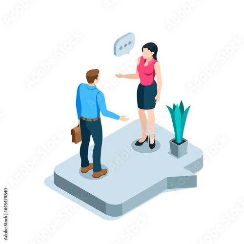 isometric business man and woman talking while standing on a large text bubble in color on a white background, communication or conversation