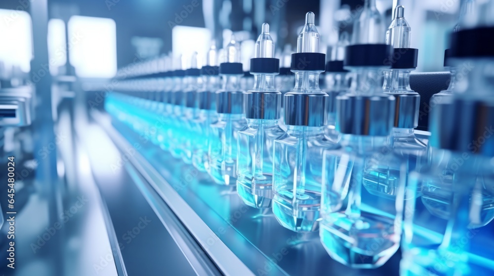 A production line with bottles filled with liquid on a conveyor belt A production line with bottles filled with liquid on a conveyor belt