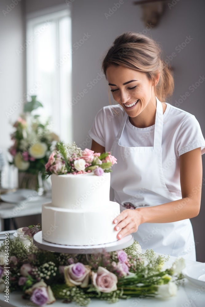 Young beautiful pastry chef preparing a wedding cake. Generative AI