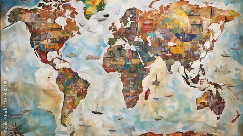 Education and Intelligence Collage with World Travel Theme, bulb, light, map, globe, generative AI 