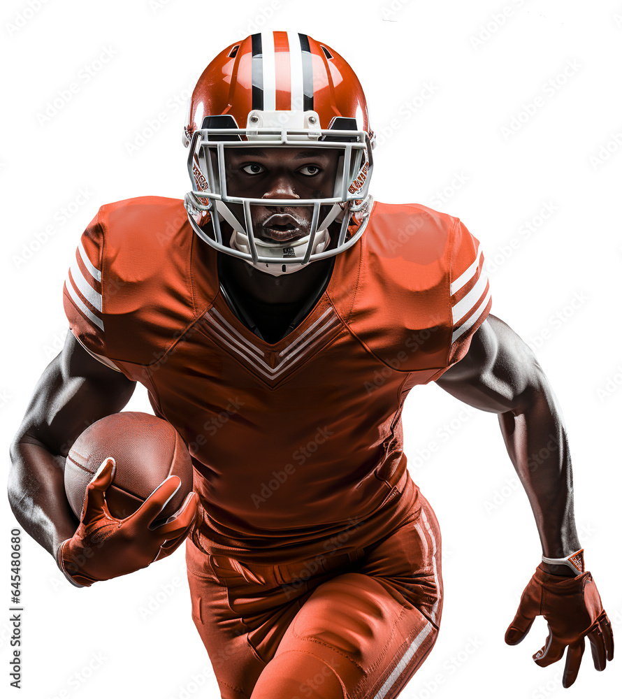 A black American football player in an orange helmet and uniform runs with a ball in his right hand. Isolated on a transparent background. Ai