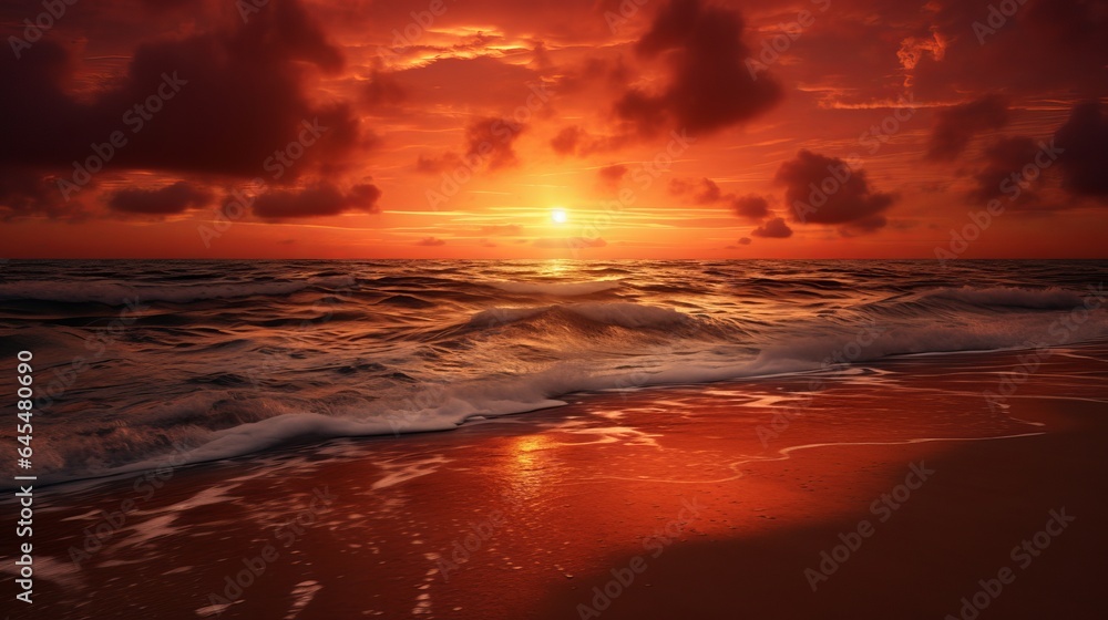 sunrise over the water. an orange sky. On the beach, an amazing red sunrise.