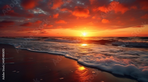 sunrise over the water. an orange sky. On the beach, an amazing red sunrise. © Suleyman