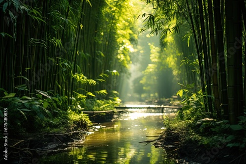 Landscape of stream or river in asian bamboo forest with morning sunlight