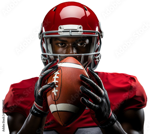 A black American football player in a red helmet and uniform holds a ball in his hands in front of him. Isolated on a transparent background