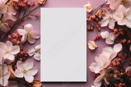 blank vertical card mockup on pink background surrounded by flowers, template white sheet of paper for design