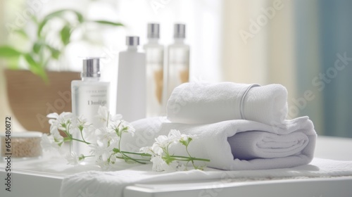A neatly arranged table with a stack of fresh white towels