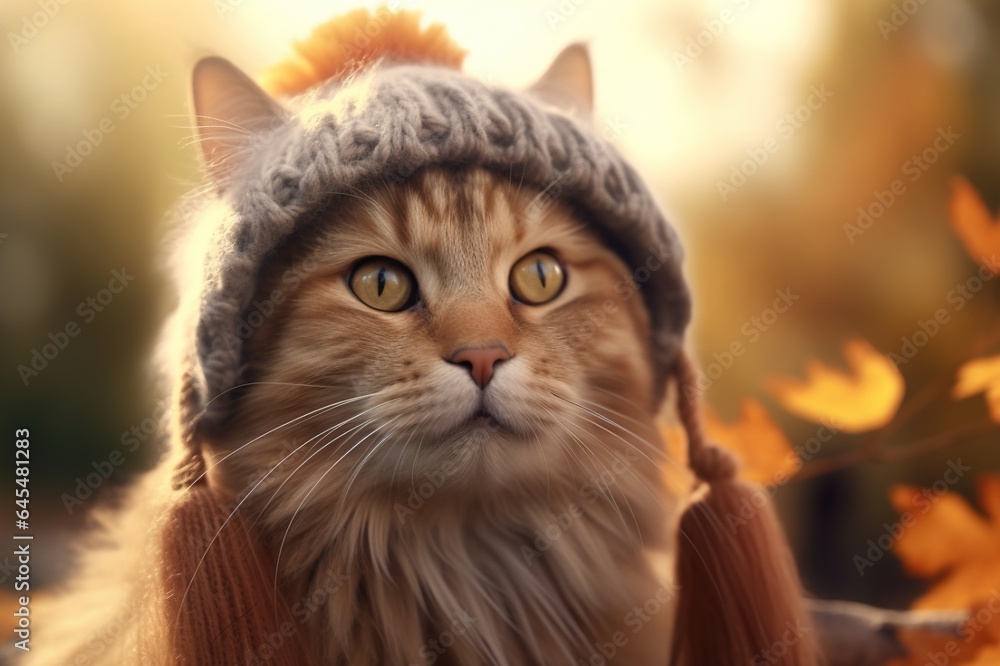 red cat in a knitted hat and scarf against the backdrop of autumn nature.generative ai red cat in a knitted hat and scarf against the backdrop of autumn nature.generative ai