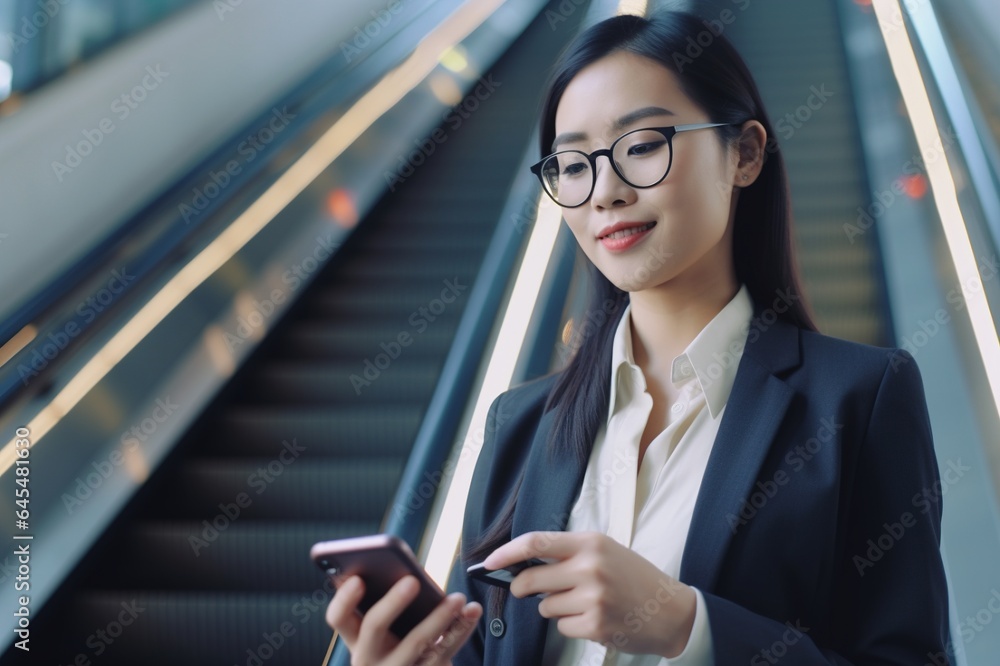 Smiling young Asian businesswoman in a suit standing on an escalator, using apps on a mobile phone, reading news on a smartphone, checking mobile apps. Generative AI Smiling young Asian businesswoman in a suit standing on an escalator, using apps on a mobile phone, reading news on a smartphone, checking mobile apps. Generative AI