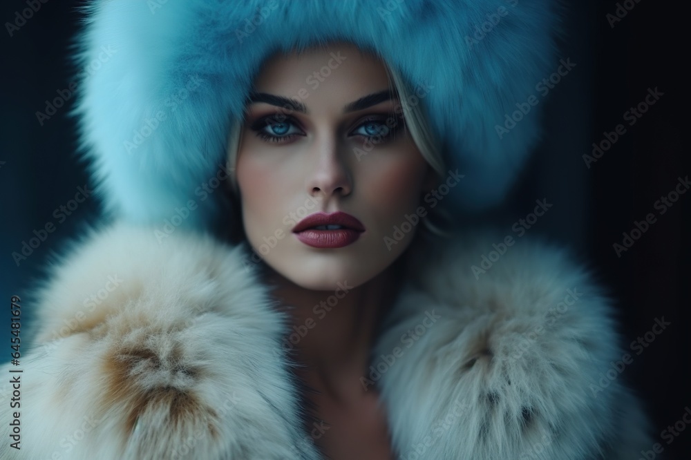 woman in luxurious fur coat. Fashion model girl in blue fox fur coat. Perfect makeup and accessories. Beautiful luxury winter lady. Generative AI woman in luxurious fur coat. Fashion model girl in blue fox fur coat. Perfect makeup and accessories. Beautiful luxury winter lady. Generative AI