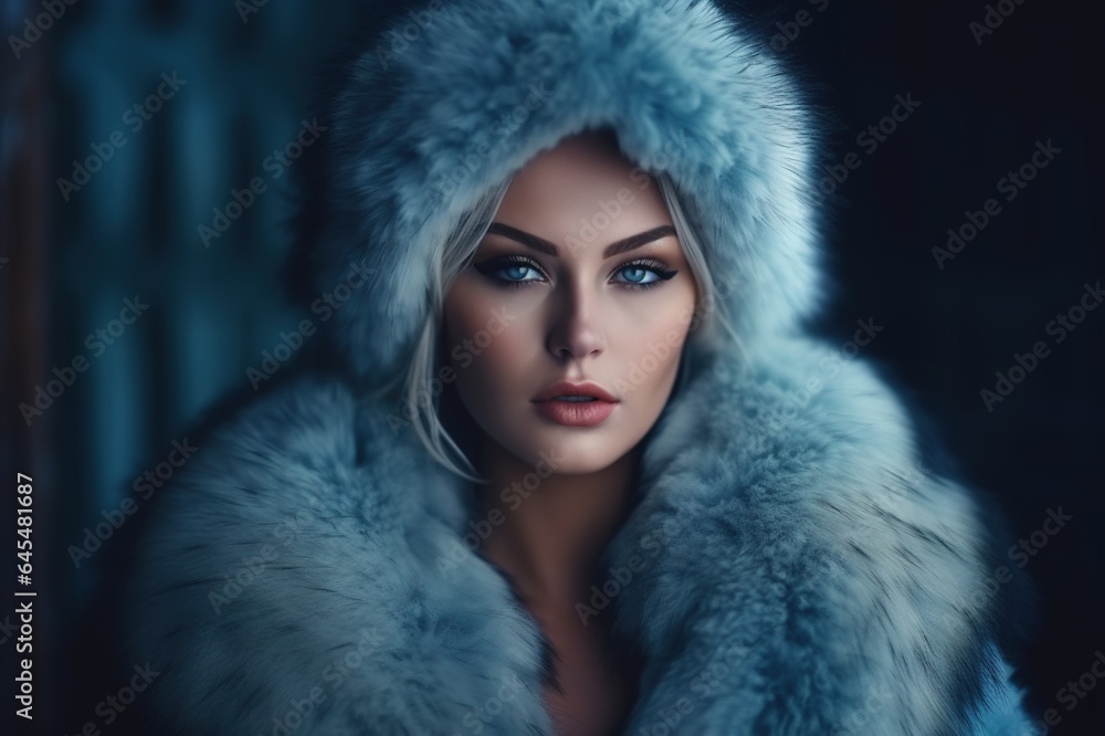 woman in luxurious fur coat. Fashion model girl in blue fox fur coat. Perfect makeup and accessories. Beautiful luxury winter lady. Generative AI woman in luxurious fur coat. Fashion model girl in blue fox fur coat. Perfect makeup and accessories. Beautiful luxury winter lady. Generative AI