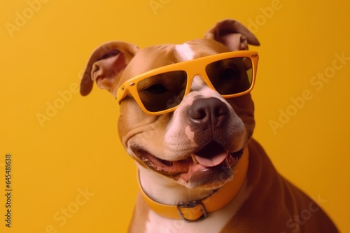 Portrait of a cheerful dog in sunglasses reflecting a carefree holiday in a summer outfit, ready for a beach holiday, posing on a yellow background. pet. Generative AI