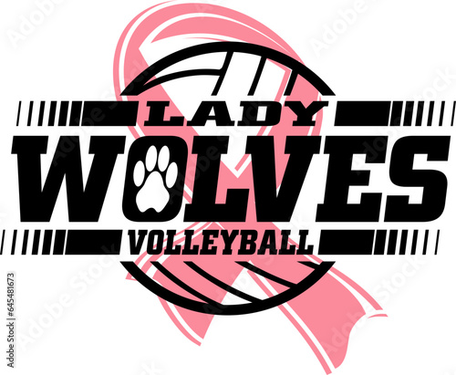 Lady wolves volleyball team design with pink cancer ribbon for school, college or league sports