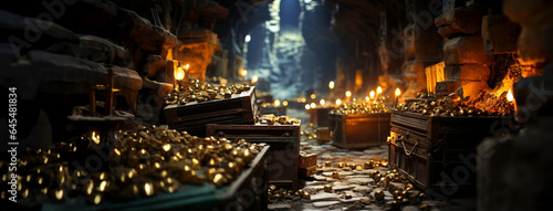 Glowing Treasure in The Cave Containing Piles Of Gold. The treasure chest is full of gold coins.