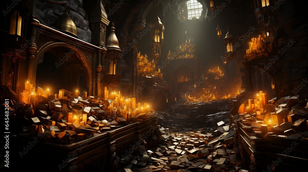 Obraz premium Glowing Treasure in The Cave Containing Piles Of Gold. The treasure chest is full of gold coins.